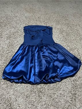 Strapless Satin Bubble-Hem Mini Dress in Cobalt Blue
